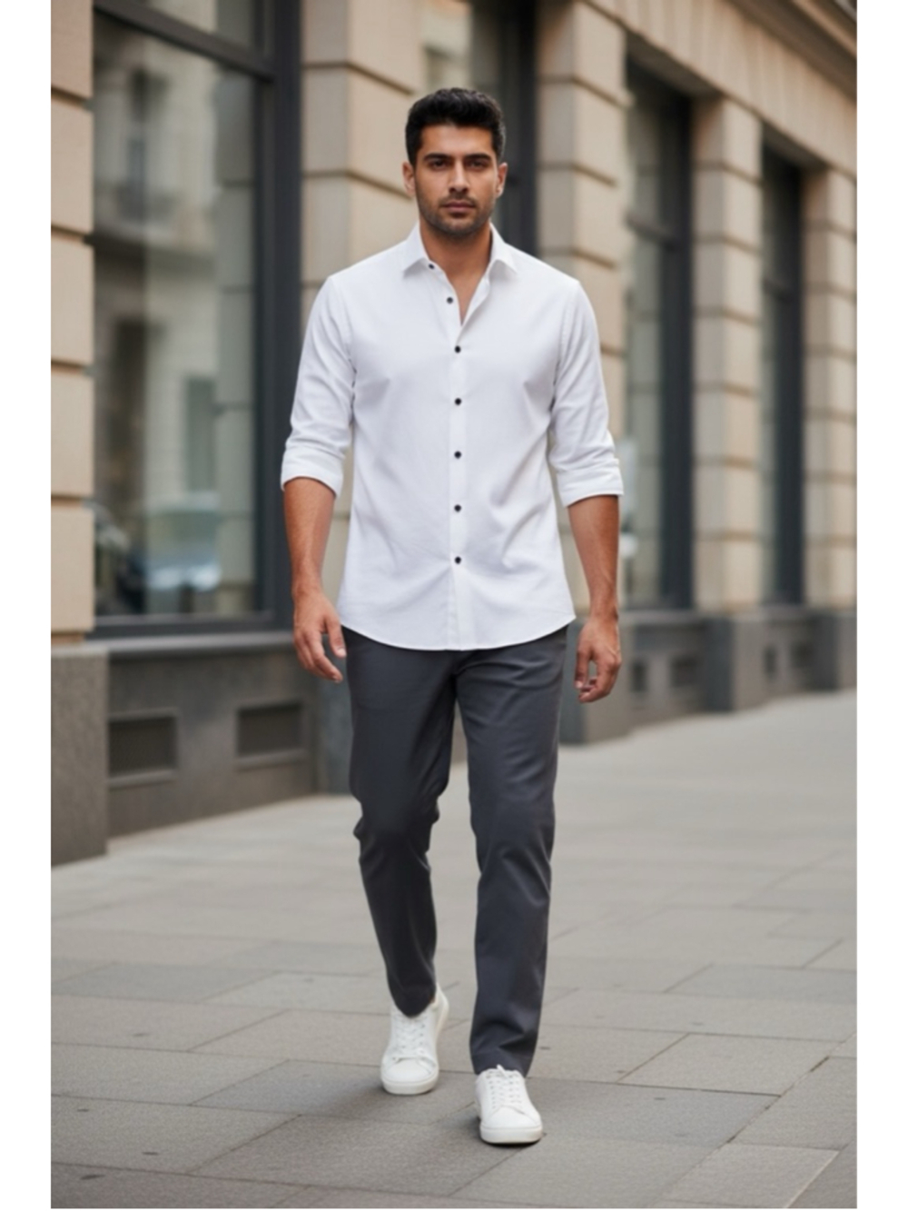 Men's SUITSHOP White Dress Shirt with Black Buttons XL